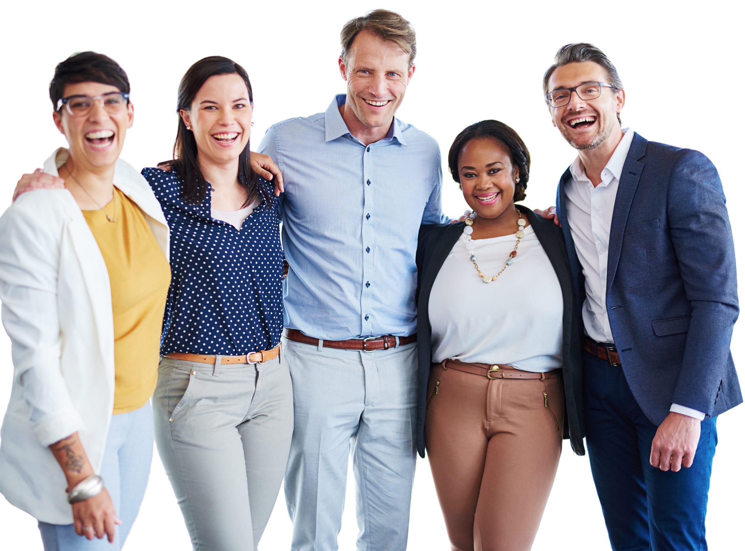 image: a group of diverse people in business attire holding each other and smiling at the camer